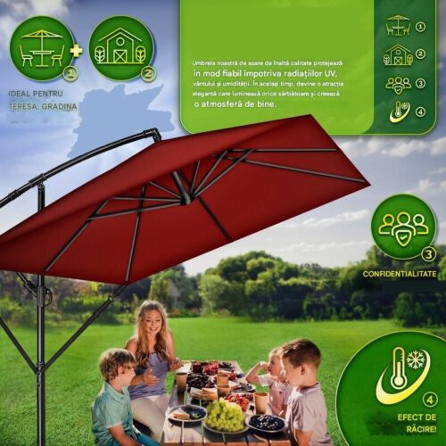 Umbrela de soare patrata, pentru gradina si terasa, Tillvex®, Ø 330 cm, inclinabila, protectie UV 50+, husa protectie, rotativa la 360°, cu manivela, rosu
