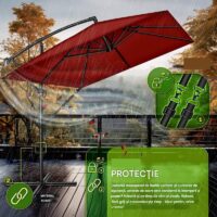 Umbrela de soare patrata, pentru gradina si terasa, Tillvex®, Ø 330 cm, inclinabila, protectie UV 50+, husa protectie, rotativa la 360°, cu manivela, rosu