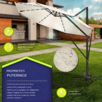 Umbrela de soare cu LED pentru terasa/gradina, din aluminiu premium, 330 cm, husa protectie, Tillvex®, reglabila in 6 directii, cu manivela, rotativa 360°, inclinabila, rezistenta UV50+, crem