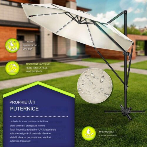 Umbrela de soare cu LED pentru terasa/gradina, din aluminiu premium, 330 cm, husa protectie, Tillvex®, reglabila in 6 directii, cu manivela, rotativa 360°, inclinabila, rezistenta UV50+, crem