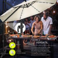 Umbrela de soare cu LED pentru terasa/gradina, din aluminiu premium, 330 cm, husa protectie, Tillvex®, reglabila in 6 directii, cu manivela, rotativa 360°, inclinabila, rezistenta UV50+, crem