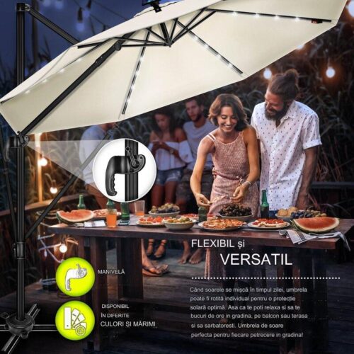 Umbrela de soare cu LED pentru terasa/gradina, din aluminiu premium, 330 cm, husa protectie, Tillvex®, reglabila in 6 directii, cu manivela, rotativa 360°, inclinabila, rezistenta UV50+, crem