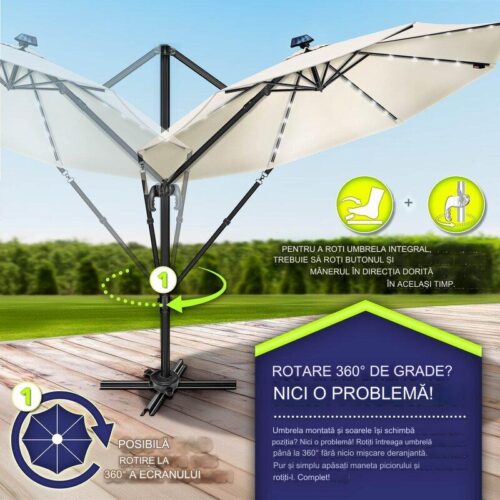 Umbrela de soare cu LED pentru terasa/gradina, din aluminiu premium, 330 cm, husa protectie, Tillvex®, reglabila in 6 directii, cu manivela, rotativa 360°, inclinabila, rezistenta UV50+, crem