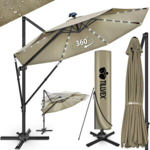 Umbrela de soare cu LED pentru terasa/gradina, din aluminiu premium, 330 cm, husa protectie, Tillvex®, reglabila in 6 directii, cu manivela, rotativa 360°, inclinabila, rezistenta UV50+, crem inchis