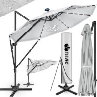 Umbrela de soare cu LED pentru terasa/gradina, din aluminiu premium, 330 cm, husa protectie, Tillvex®, reglabila in 6 directii, cu manivela, rotativa 360°, inclinabila, rezistenta UV50+, gri