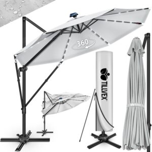 Umbrela de soare cu LED pentru terasa/gradina, din aluminiu premium, 330 cm, husa protectie, Tillvex®, reglabila in 6 directii, cu manivela, rotativa 360°, inclinabila, rezistenta UV50+, gri