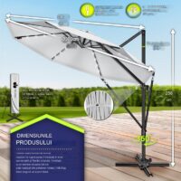 Umbrela de soare cu LED pentru terasa/gradina, din aluminiu premium, 330 cm, husa protectie, Tillvex®, reglabila in 6 directii, cu manivela, rotativa 360°, inclinabila, rezistenta UV50+, gri