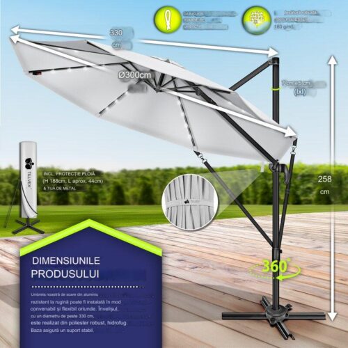 Umbrela de soare cu LED pentru terasa/gradina, din aluminiu premium, 330 cm, husa protectie, Tillvex®, reglabila in 6 directii, cu manivela, rotativa 360°, inclinabila, rezistenta UV50+, gri