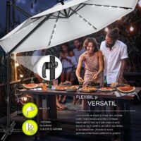 Umbrela de soare cu LED pentru terasa/gradina, din aluminiu premium, 330 cm, husa protectie, Tillvex®, reglabila in 6 directii, cu manivela, rotativa 360°, inclinabila, rezistenta UV50+, gri