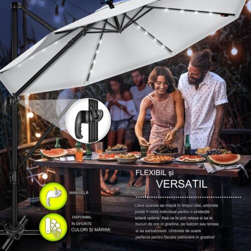 Umbrela de soare cu LED pentru terasa/gradina, din aluminiu premium, 330 cm, husa protectie, Tillvex®, reglabila in 6 directii, cu manivela, rotativa 360°, inclinabila, rezistenta UV50+, gri
