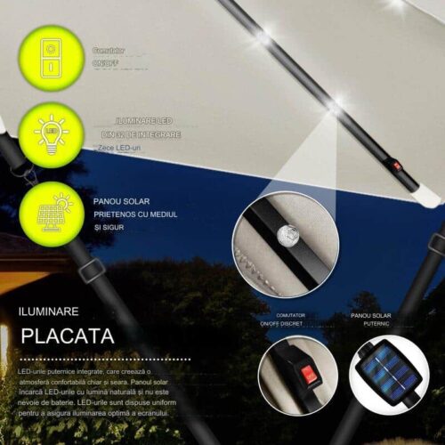 Umbrela de soare cu LED pentru terasa/gradina, din aluminiu premium, 330 cm, husa protectie, Tillvex®, reglabila in 6 directii, cu manivela, rotativa 360°, inclinabila, rezistenta UV50+, gri