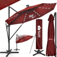 Umbrela de soare cu LED pentru terasa/gradina, din aluminiu premium, 330 cm, husa protectie, Tillvex®, reglabila in 6 directii, cu manivela, rotativa 360°, inclinabila, rezistenta UV50+, rosu