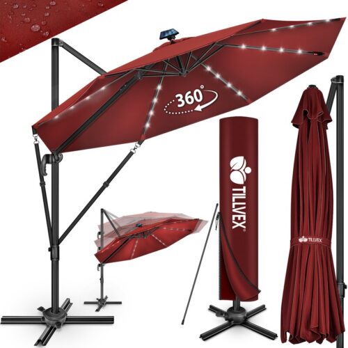 Umbrela de soare cu LED pentru terasa/gradina, din aluminiu premium, 330 cm, husa protectie, Tillvex®, reglabila in 6 directii, cu manivela, rotativa 360°, inclinabila, rezistenta UV50+, rosu