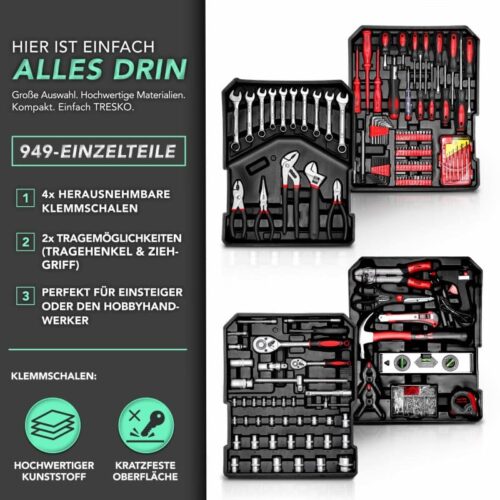 trusa de scule universala ''do it yourself'' tresko®, 949 piese, crom vanadiu, troler cu roti antracit Trusă unelte 949 piese în cutii organizate