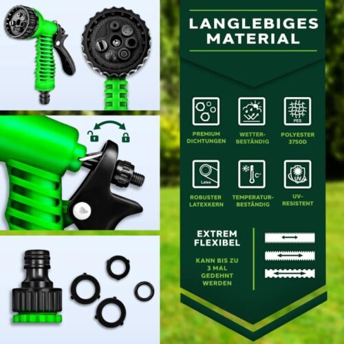 Furtun de udat gradina cu 8 functii, flexibil, extensibil pana la 15 m, cu accesorii incluse, verde