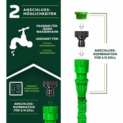 Furtun de udat gradina cu 8 functii, flexibil, extensibil pana la 30 m, cu accesorii incluse, verde