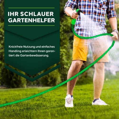 Furtun de udat gradina cu 8 functii, flexibil, extensibil pana la 15 m, cu accesorii incluse, verde