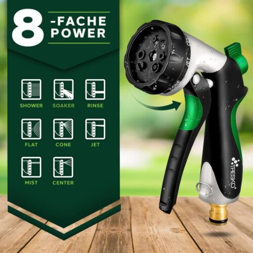 Furtun de udat Premium, extensibil pana la 30 m, flexibil, 10 functii, suport de perete cu accesorii incluse, verde