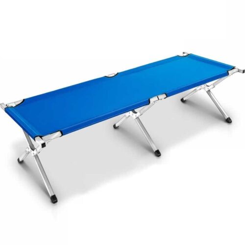 Pat pliant de camping albastru cu cadru metalic